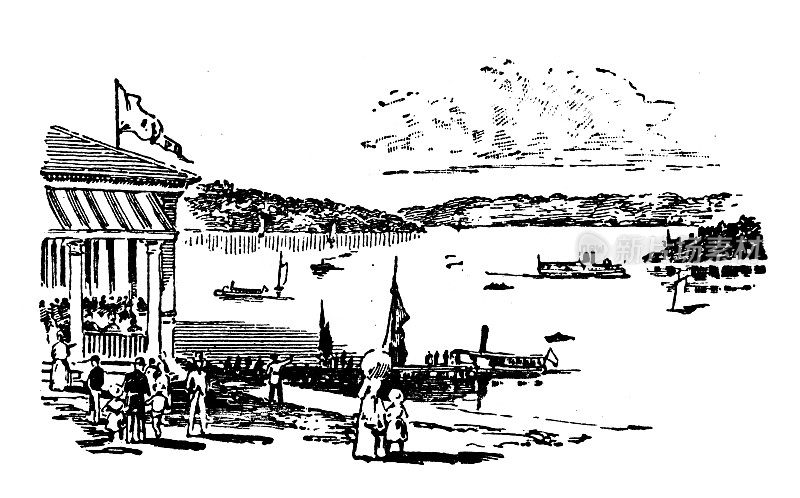 美国，新泽西州地标和公司的古董插图:Lake Hopatcong